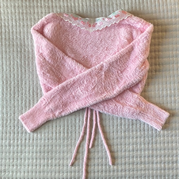 For Love & Lemons - Pink Fuzzy Tie Front Cardigan w/ Cherry Embroidered Collar - Picture 6 of 10